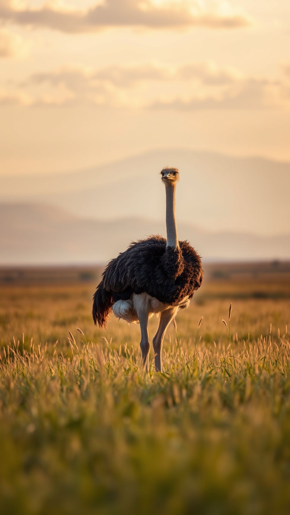Majestic ostrich walking through the golden fields at sunset in its natural habitat.