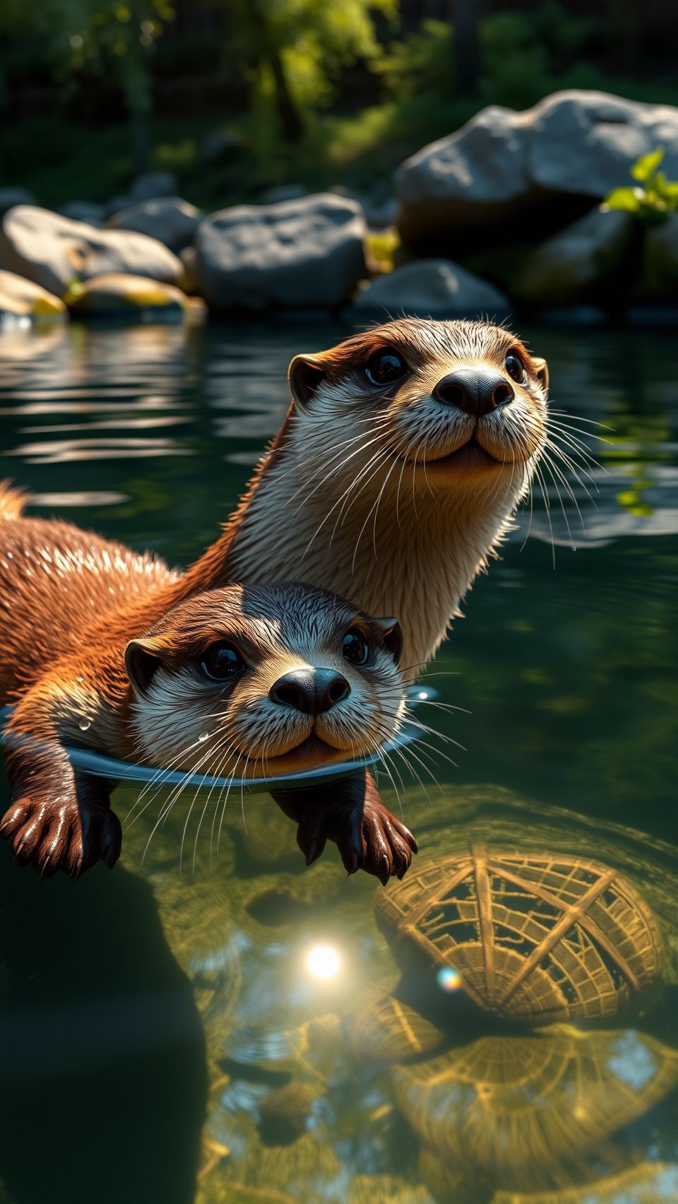 Realistic otters swimming in clear water with reflections in nature.