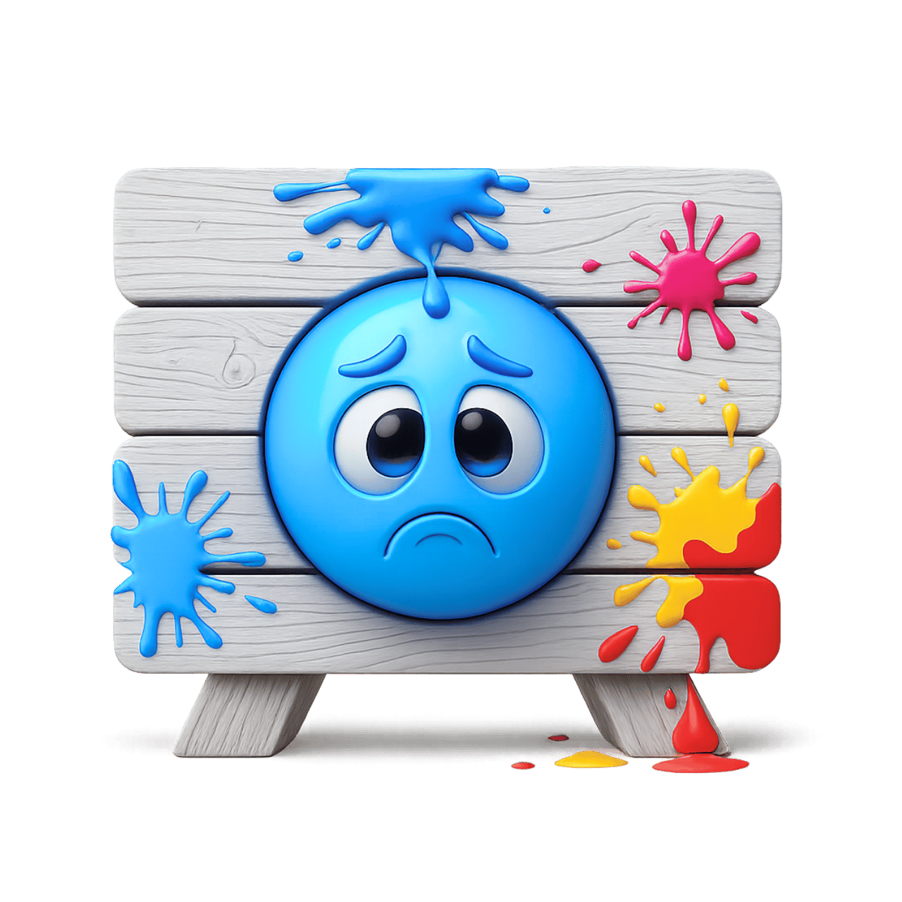 Painted target emoji with blue sad face and colorful paint splashes on wood