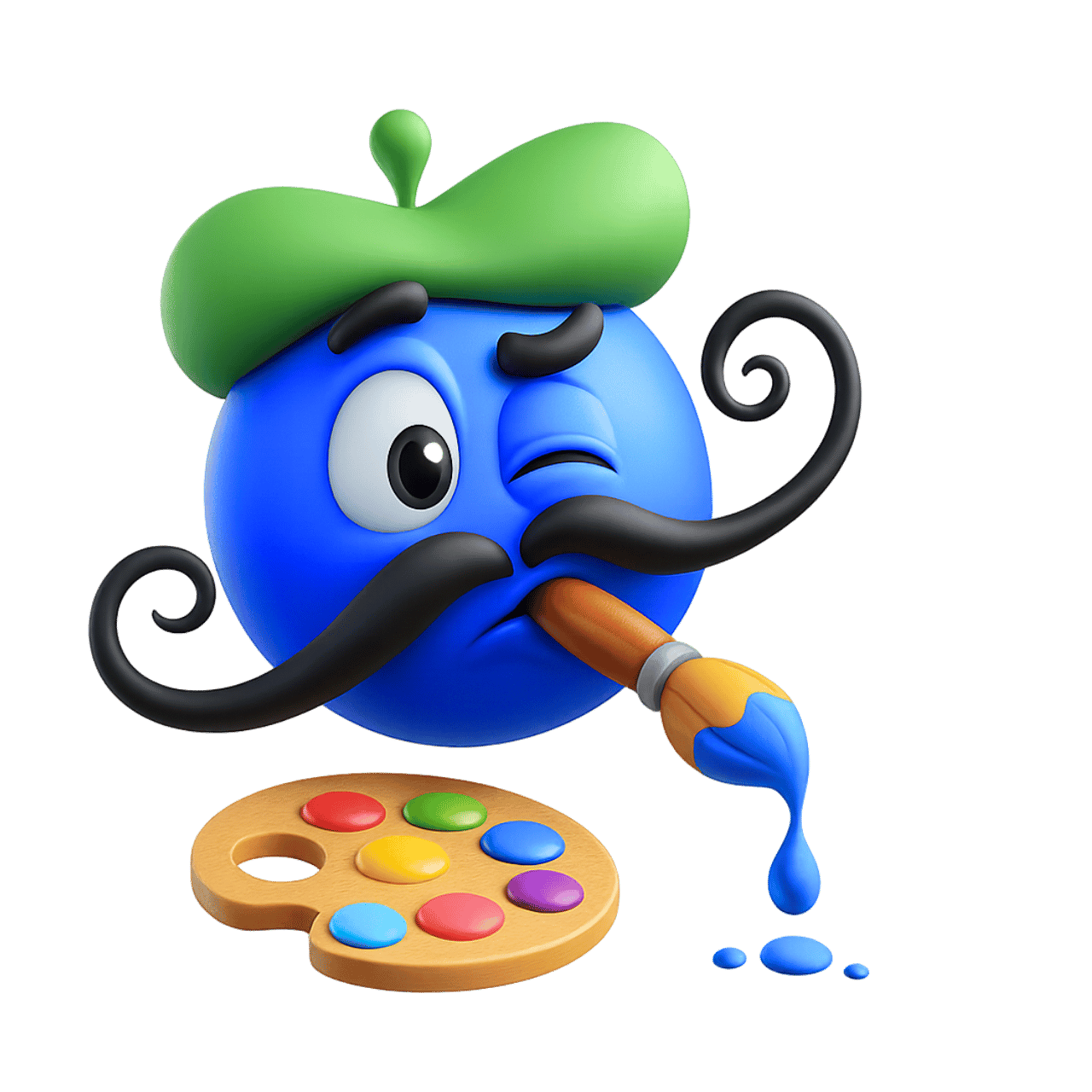3D painter emoticon emoji with blue face, green beret, mustache, paintbrush and palette