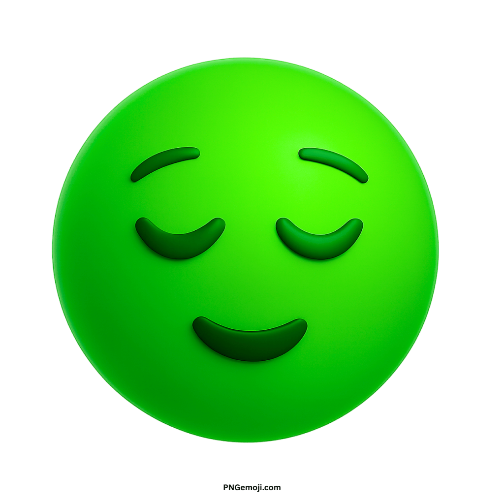Green pensive face emoji with closed eyes and calm expression symbolizing reflection, peace, or sadness.