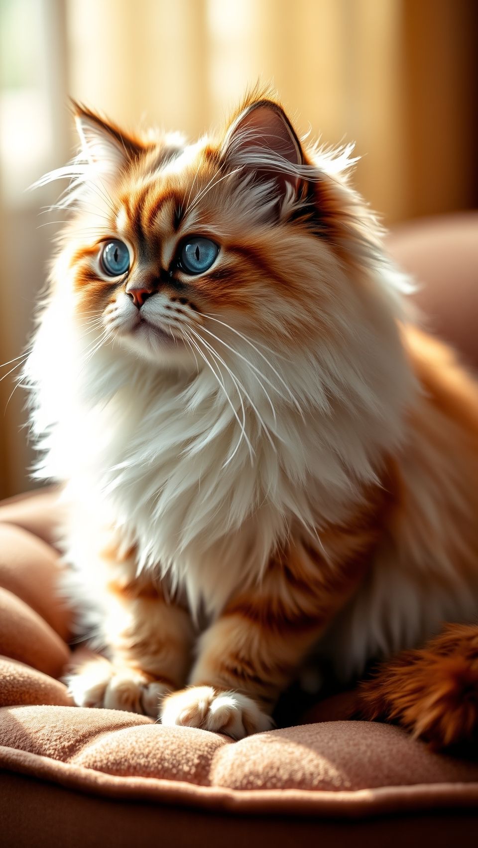 Beautiful Persian cat with fluffy fur and bright blue eyes sitting gracefully indoors