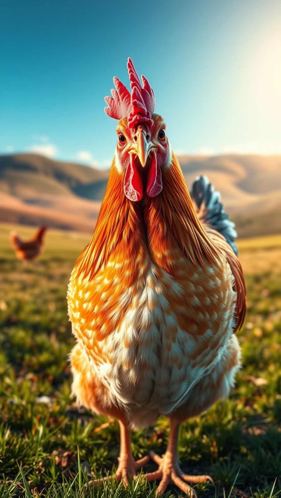 A highly detailed chicken standing in a grassy field during daylight.
