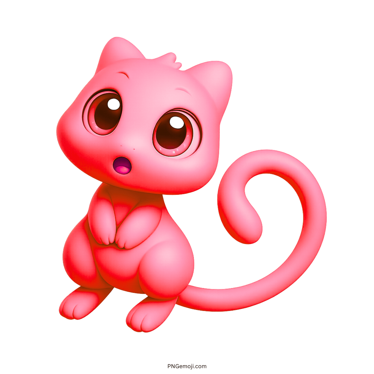 Adorable pink 3D Mew emoji with big brown eyes and curled tail cartoon style