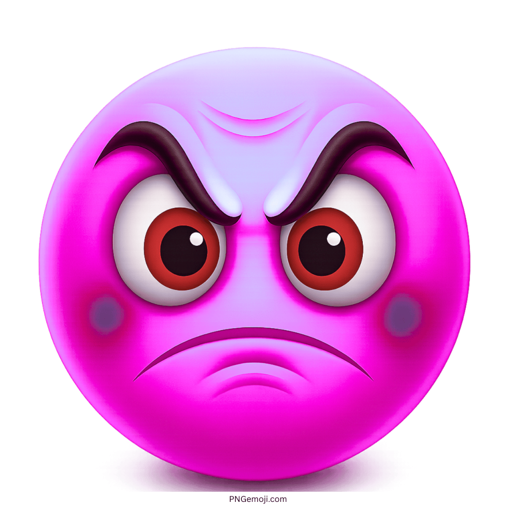 Pink angry emoji face with red eyes and intense frown
