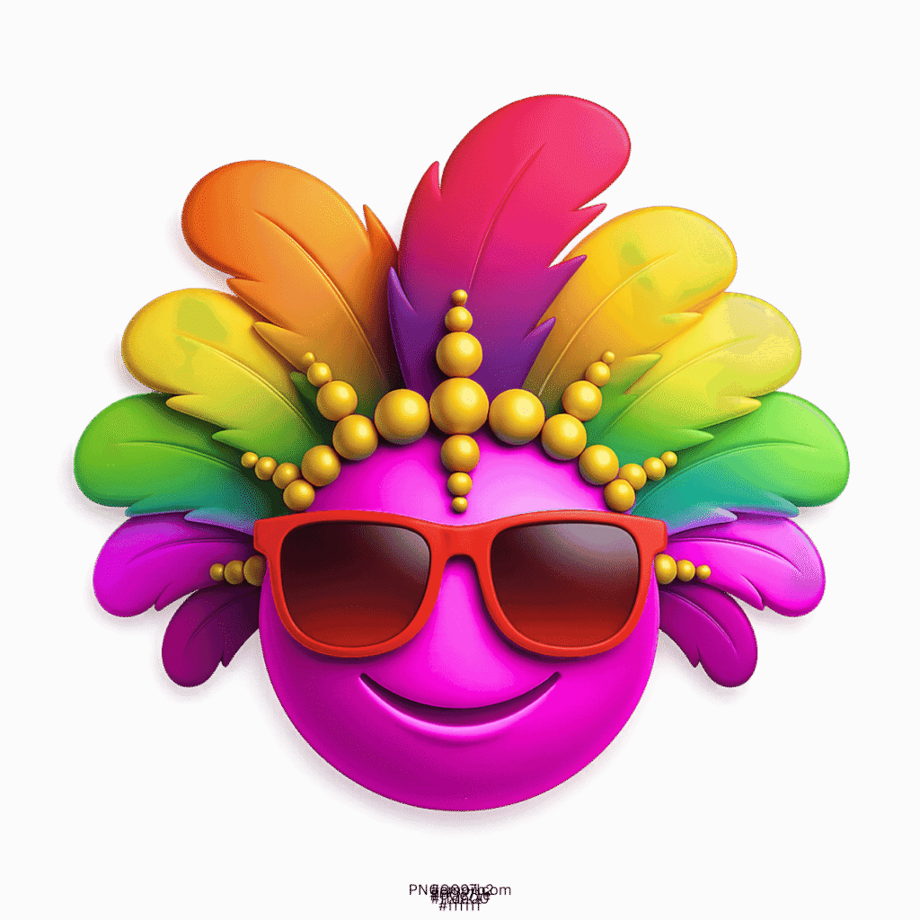 Pink carnival smiley emoji with rainbow feathers and red sunglasses crown