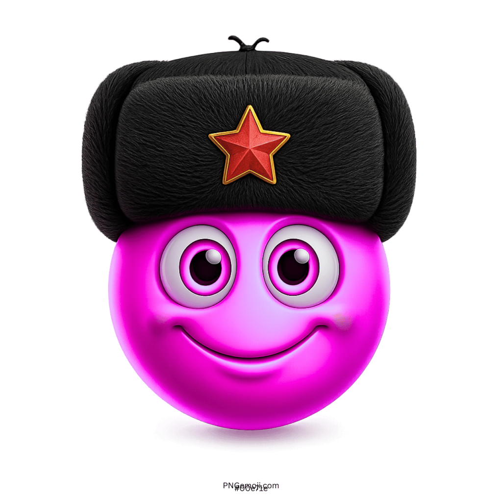 Pink smiling emoji wearing black fur hat with bright red star emblem
