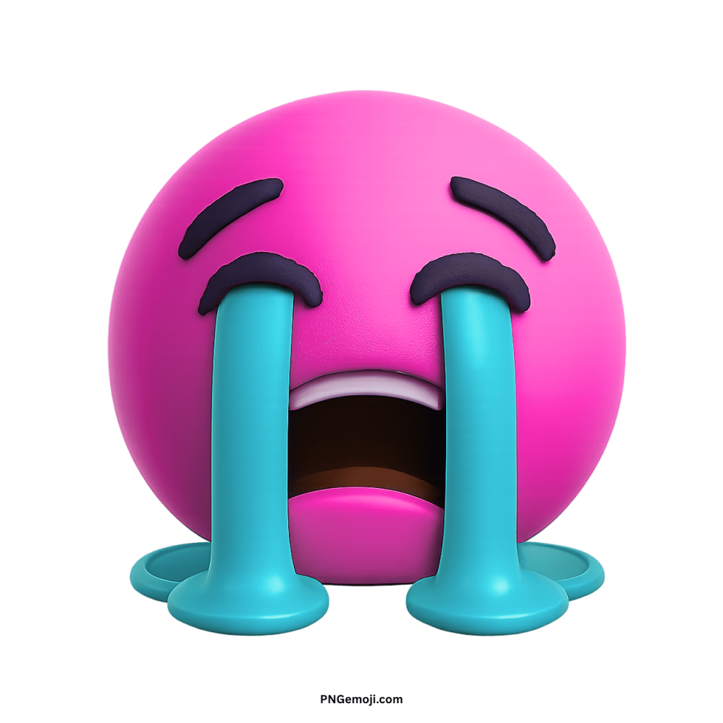 3D pink crying emoji with large blue tears and emotional sad expression