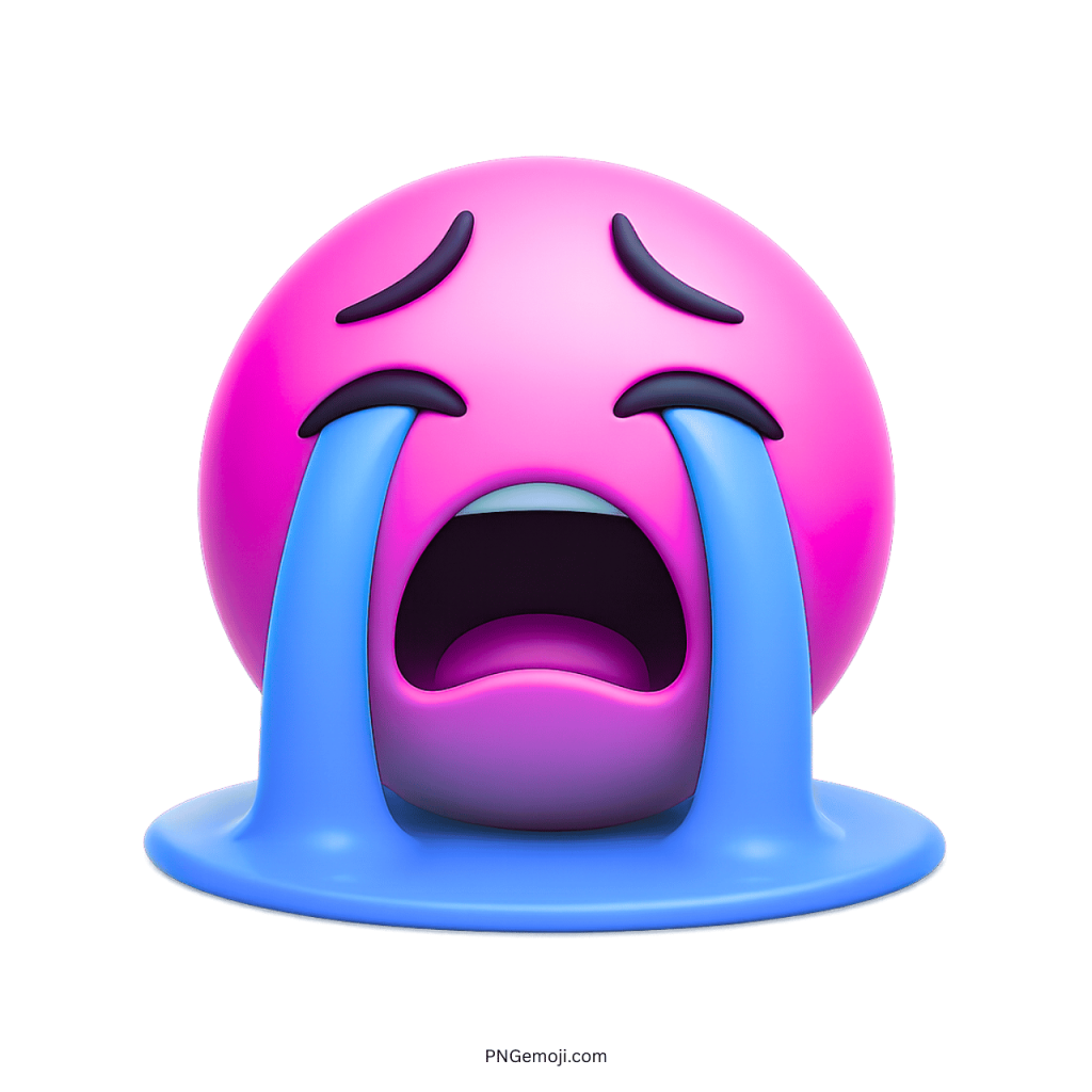 pink 3D emoji crying loudly with big blue tears forming puddle