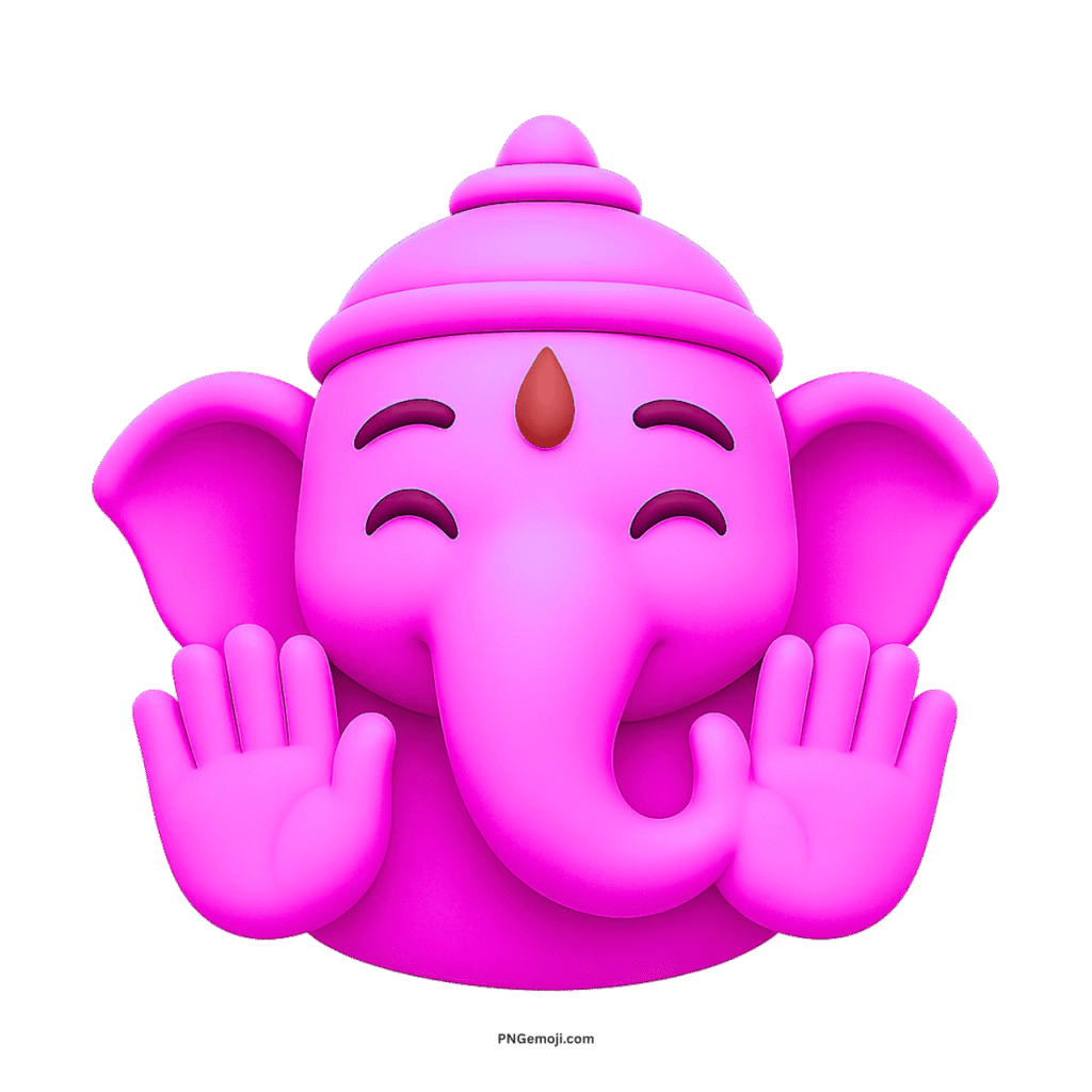 Pink Ganesh emoji with smiling face, brown tilak, raised hands in cartoon design