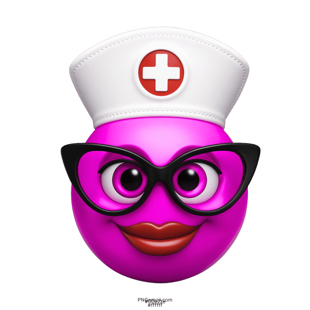 Bright pink nurse emoji with black glasses and white nurse cap