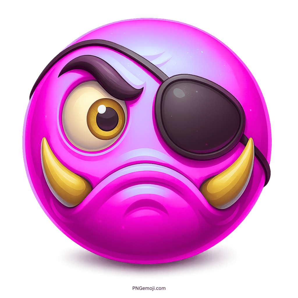 Pink monster emoji with eye patch and tusks, angry pirate cartoon face