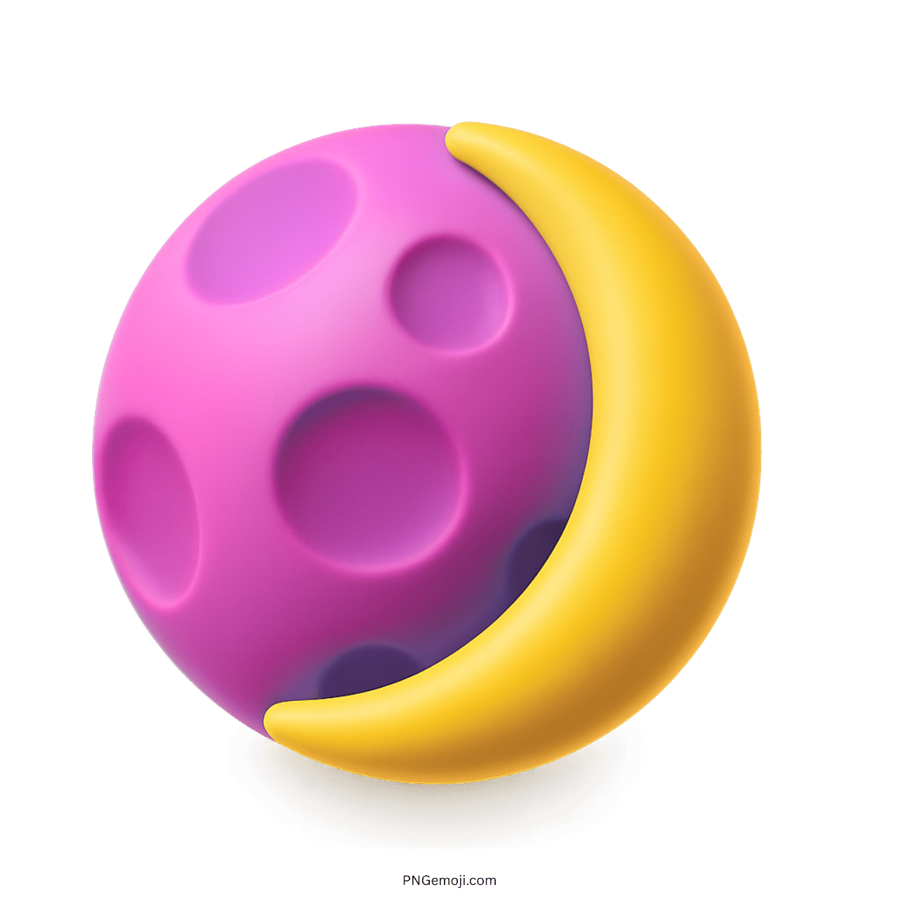 3D pink purple waxing crescent moon emoji with yellow crescent and cratered sphere