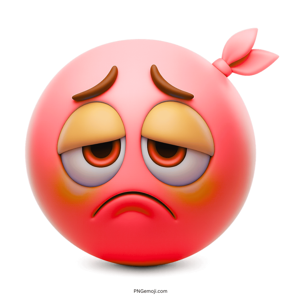 Pink sad emoji with droopy tired eyes and sick expression