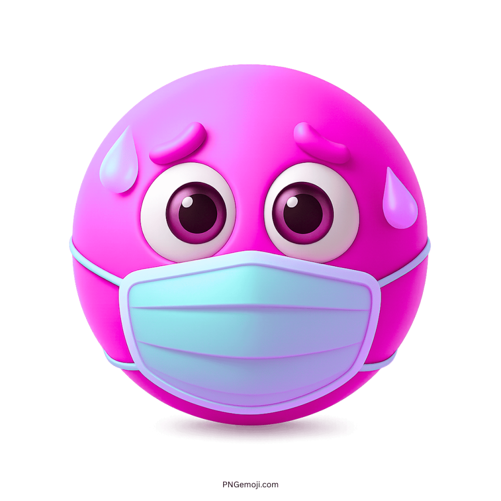 Pink sick emoji wearing a protective mask with sweat drops showing stress and illness