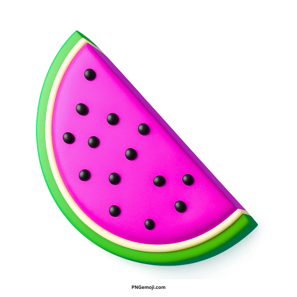 Pink watermelon emoji slice with black seeds and green rind on transparent background