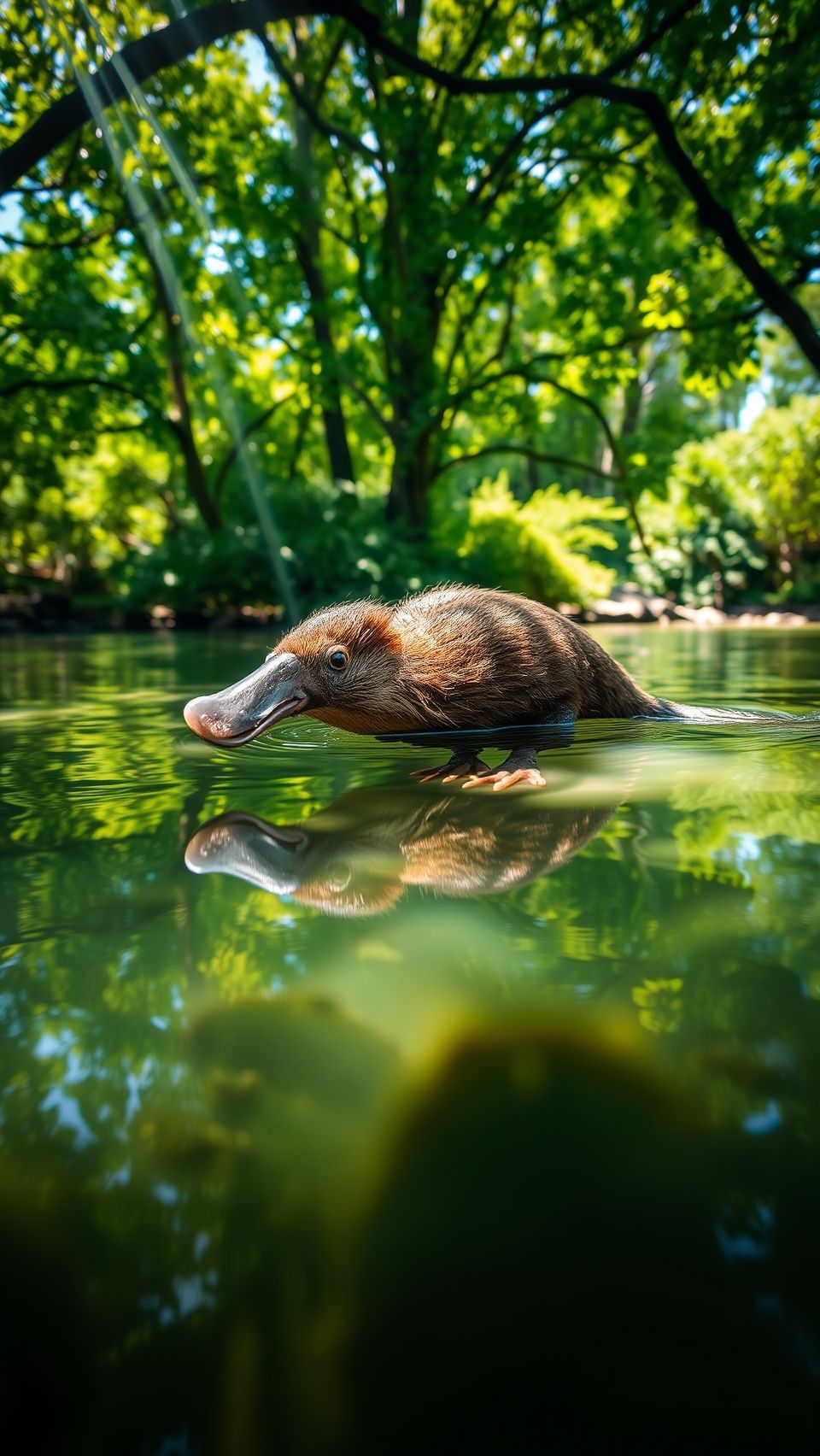 Platypus swimming in a calm river surrounded by lush greenery and sunlight.