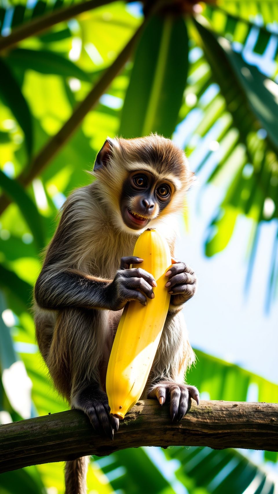 Playful monkey sitting on a tree branch holding a banana in a tropical jungle