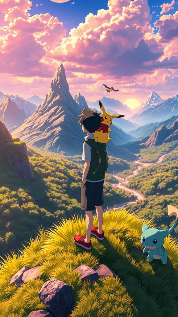 Ash Ketchum with Pikachu and Pokemon overlooking mountain sunset anime wallpaper
