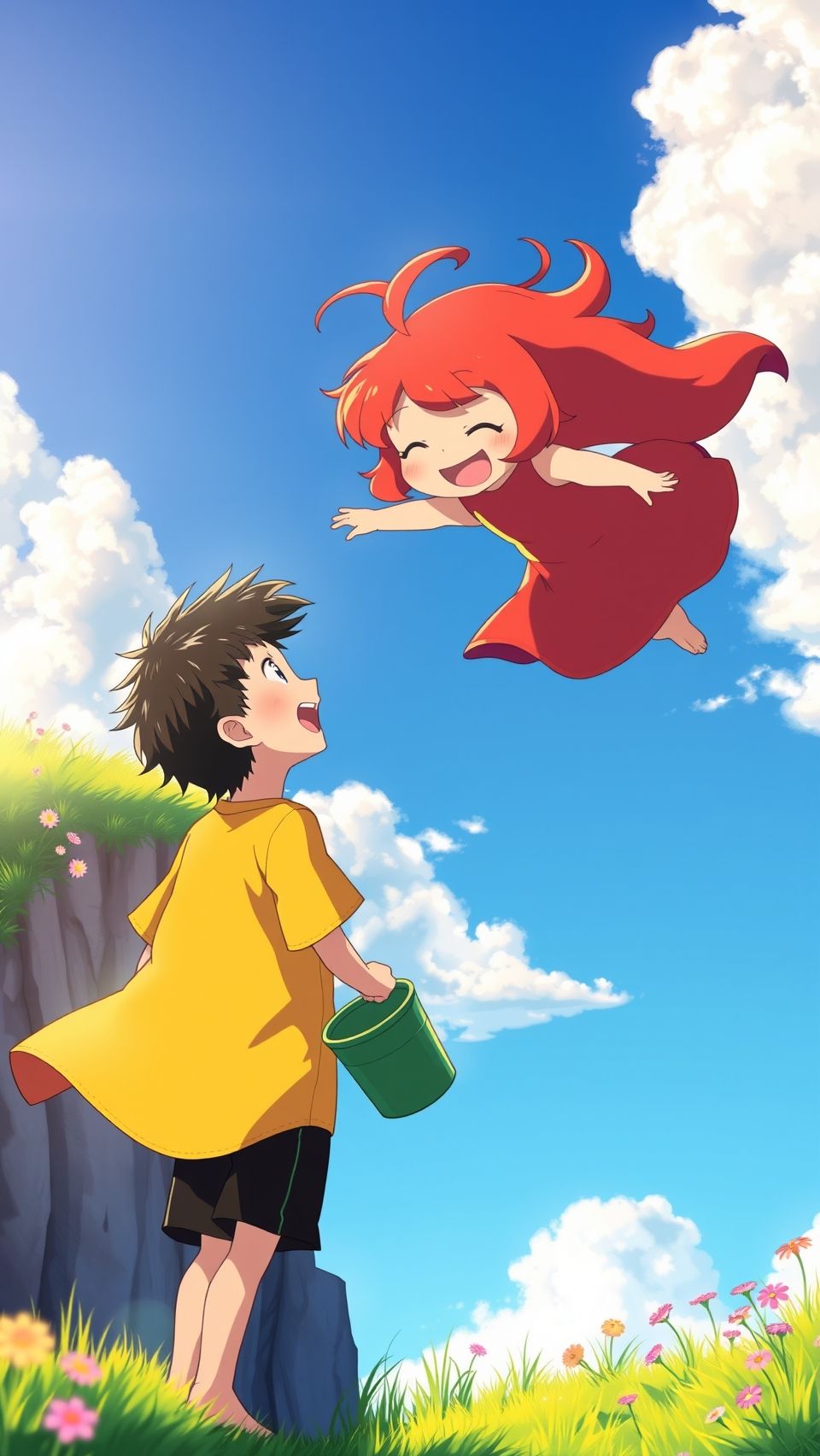 Ponyo anime wallpaper with Sosuke and Ponyo in a magical sky scene