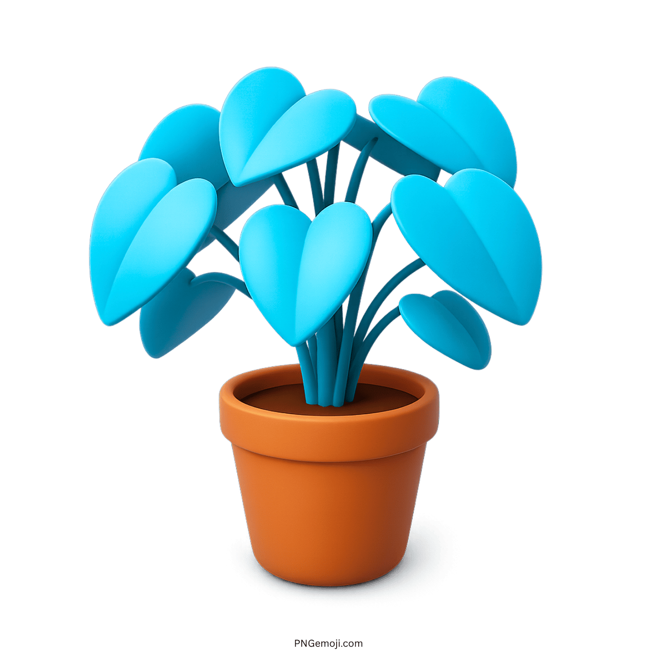 3D potted plant emoji with blue heart-shaped leaves and orange pot, transparent background