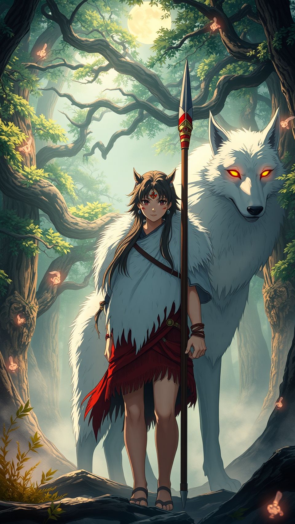 Princess Mononoke standing with white wolf spirit under moonlight in mystical forest wallpaper