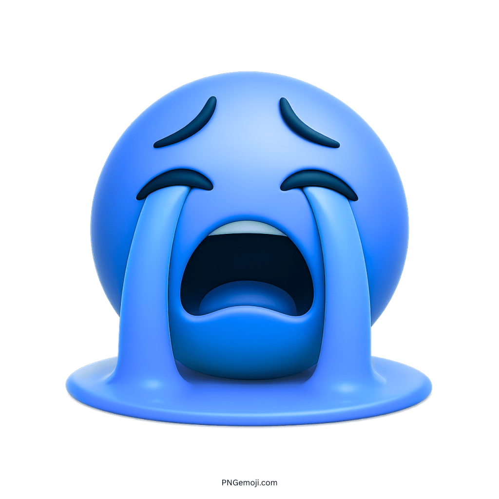 3D blue emoji crying heavily with large tears forming a puddle below