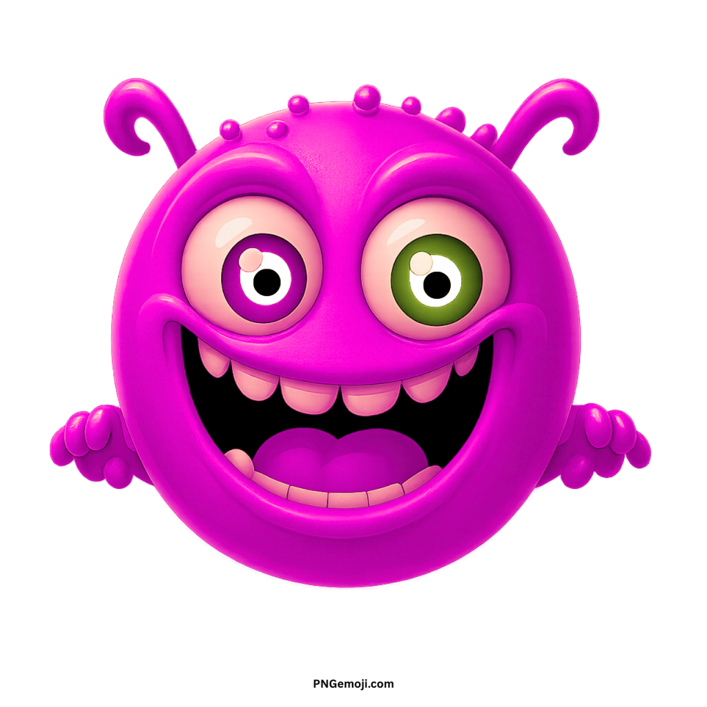 Purple alien monster emoji cartoon face with big eyes, toothy grin, and playful expression