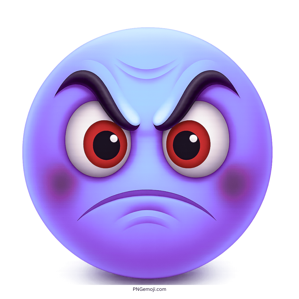 Purple angry emoji face with red eyes and deep frown