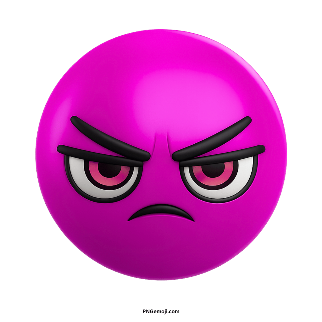 Purple angry face emoji with fierce eyes and downward frown in PNG format