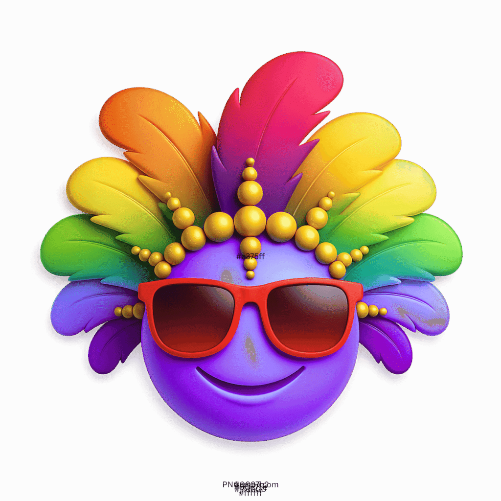 Purple carnival smiley emoji with rainbow feathers and red sunglasses crown