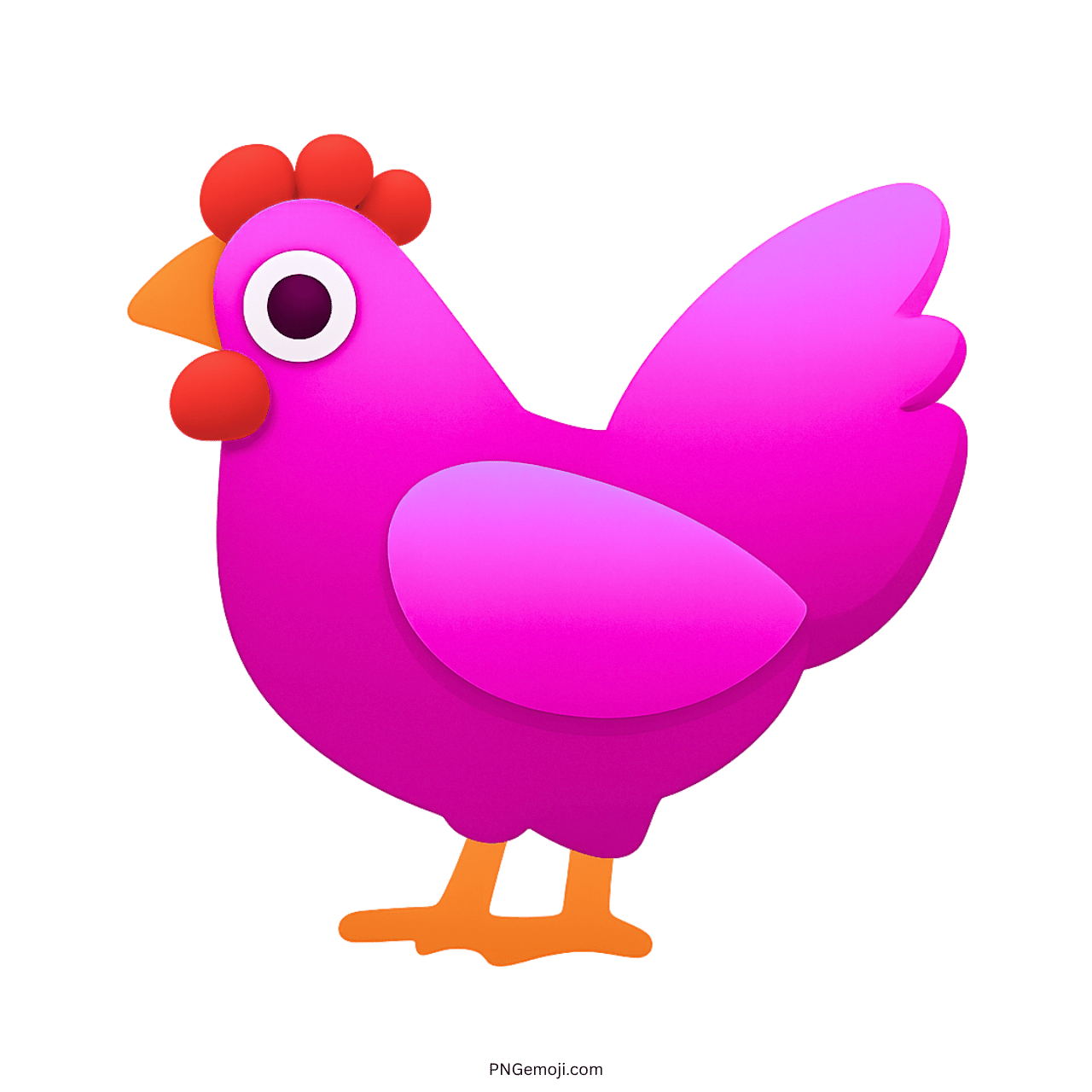Vibrant purple chicken emoji with red comb, orange beak, and feet on a dark green background, great for online use.