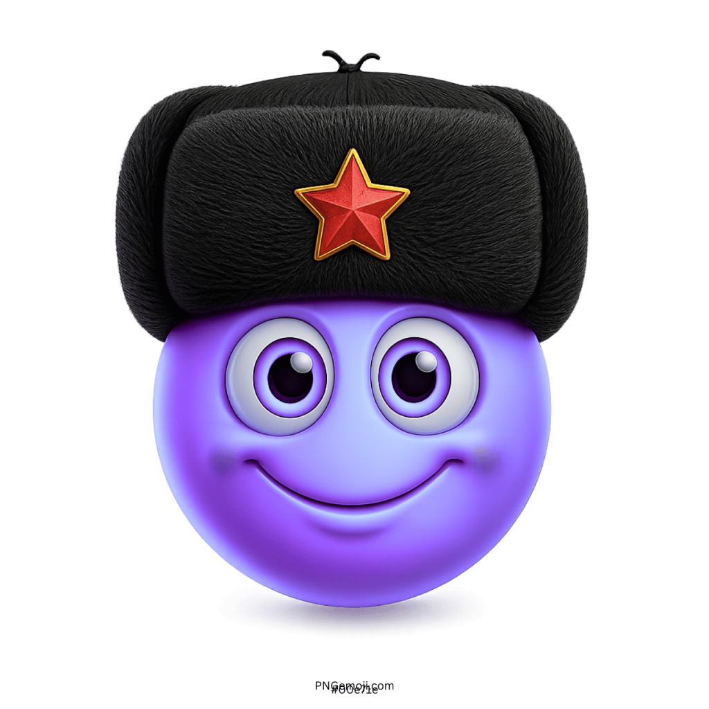 Purple smiling emoji wearing black fur hat with red soviet star emblem