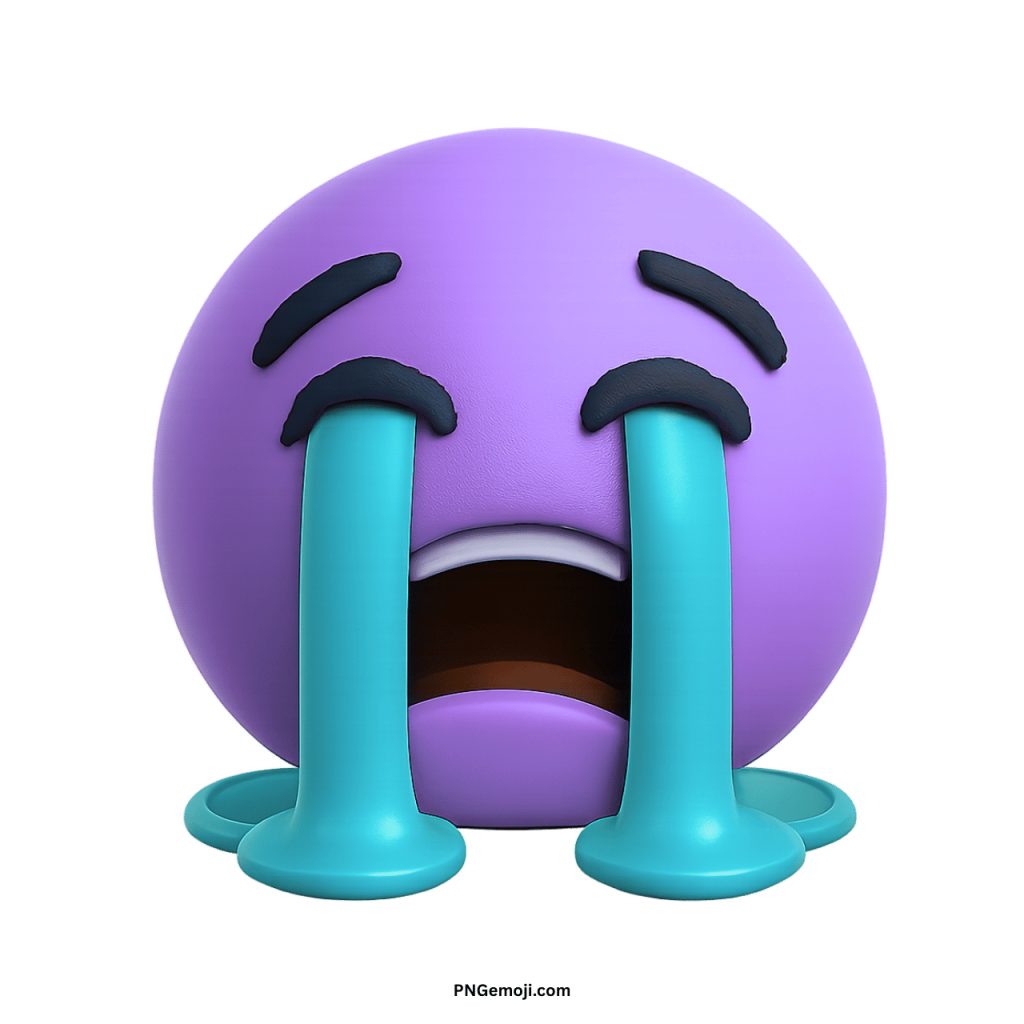 3D purple crying emoji with large blue tears and sad emotional expression