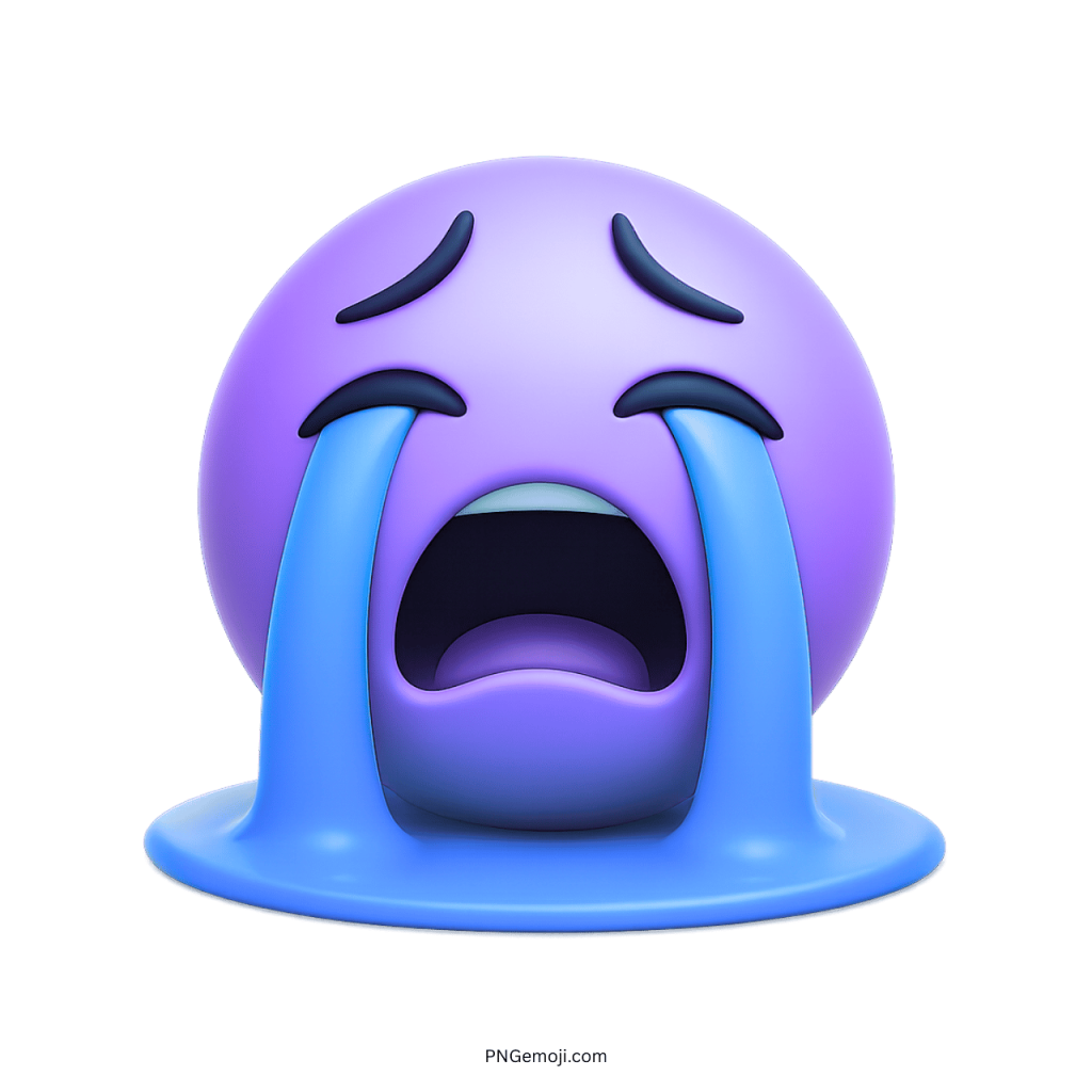 purple 3d emoji crying loudly with blue tears forming big puddle