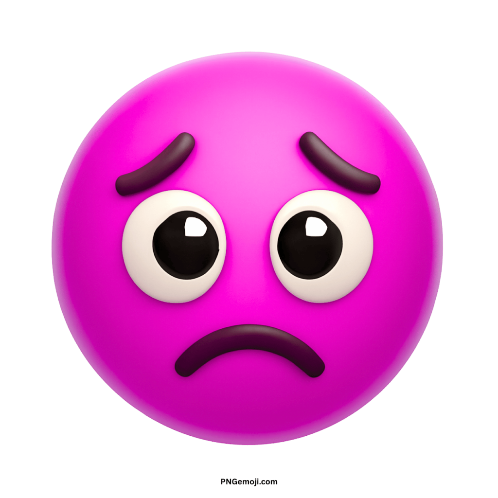 Purple disappointed face emoji with big sad eyes, arched brows, and a frowning mouth