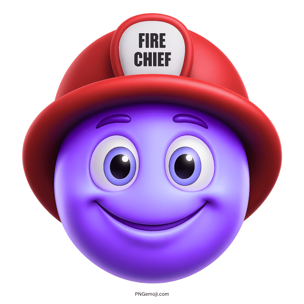 Purple happy emoji face with red fire chief helmet on