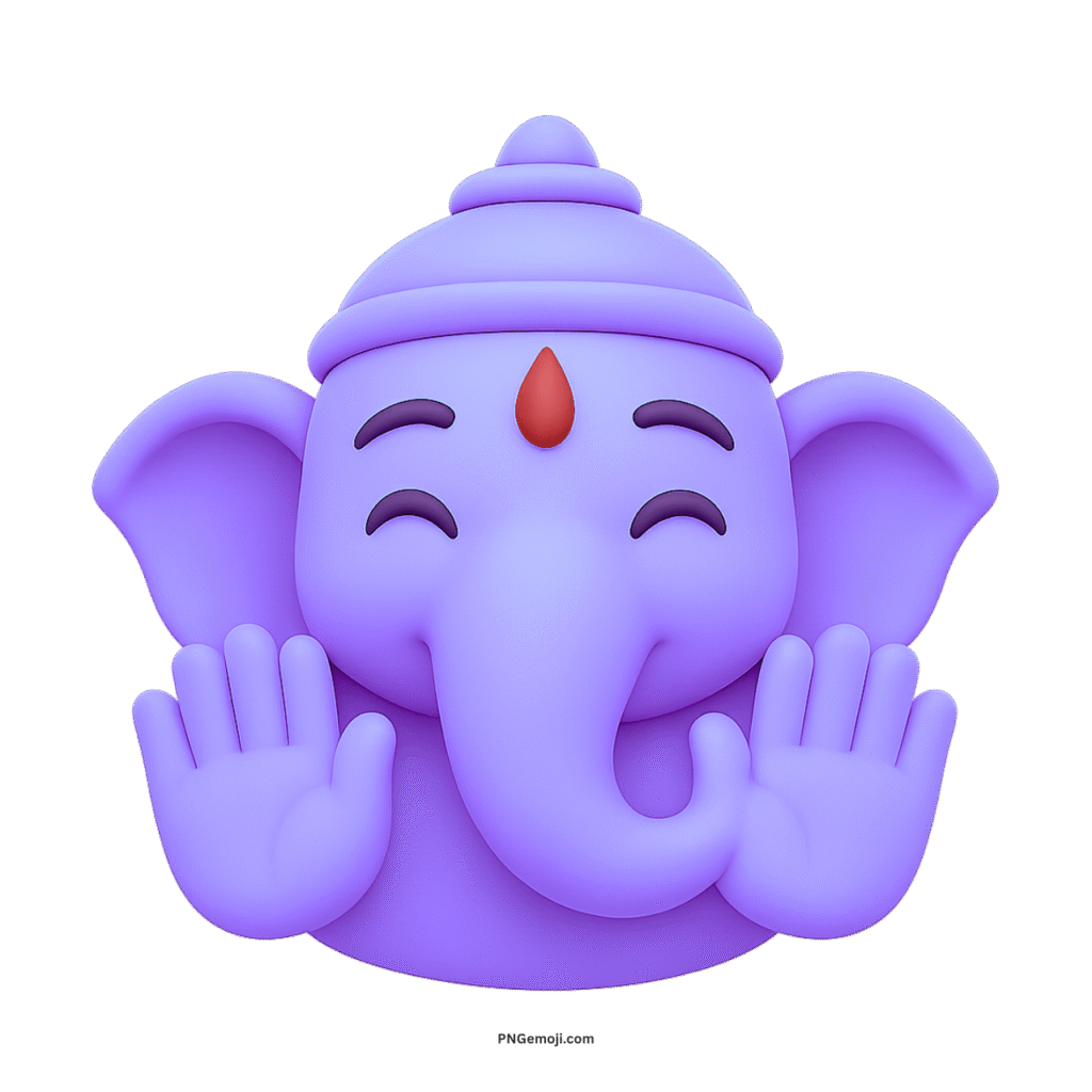 Purple Ganesh emoji with cheerful smiling face, red tilak, raised hands in cartoon style