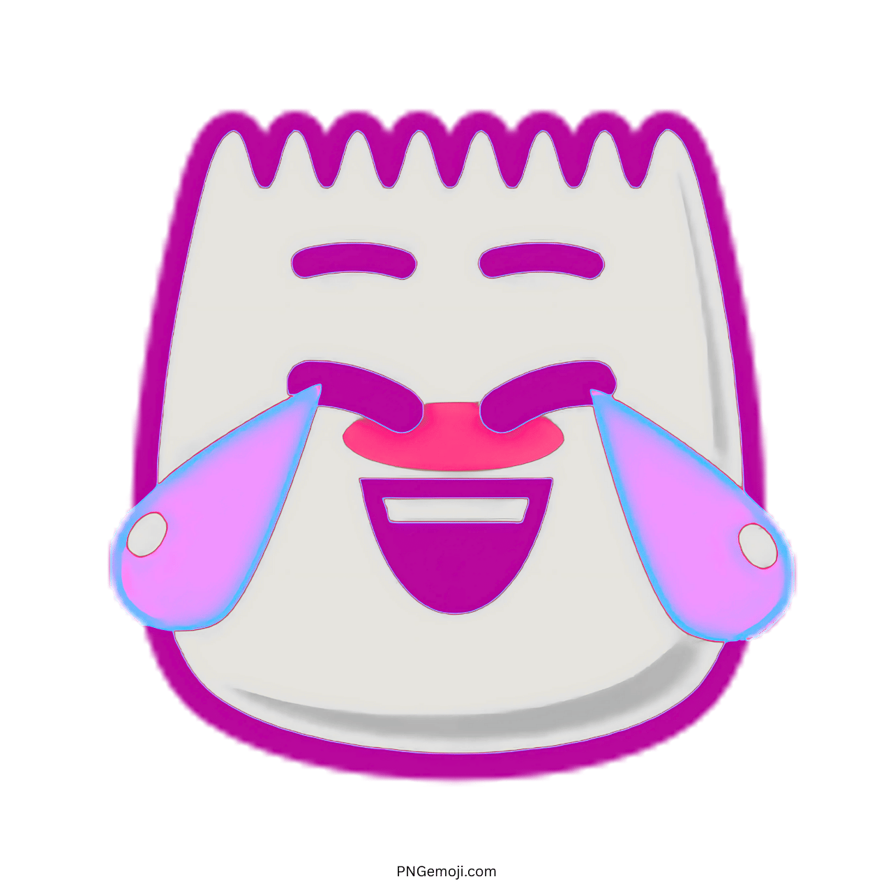 Purple laughing TikTok emoji with tears of joy, funny cartoon face transparent PNG image