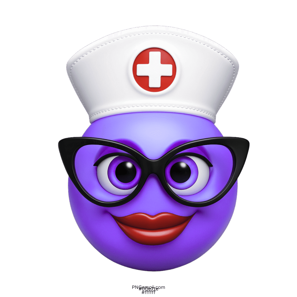 Purple nurse emoji face wearing black glasses and white medical cap