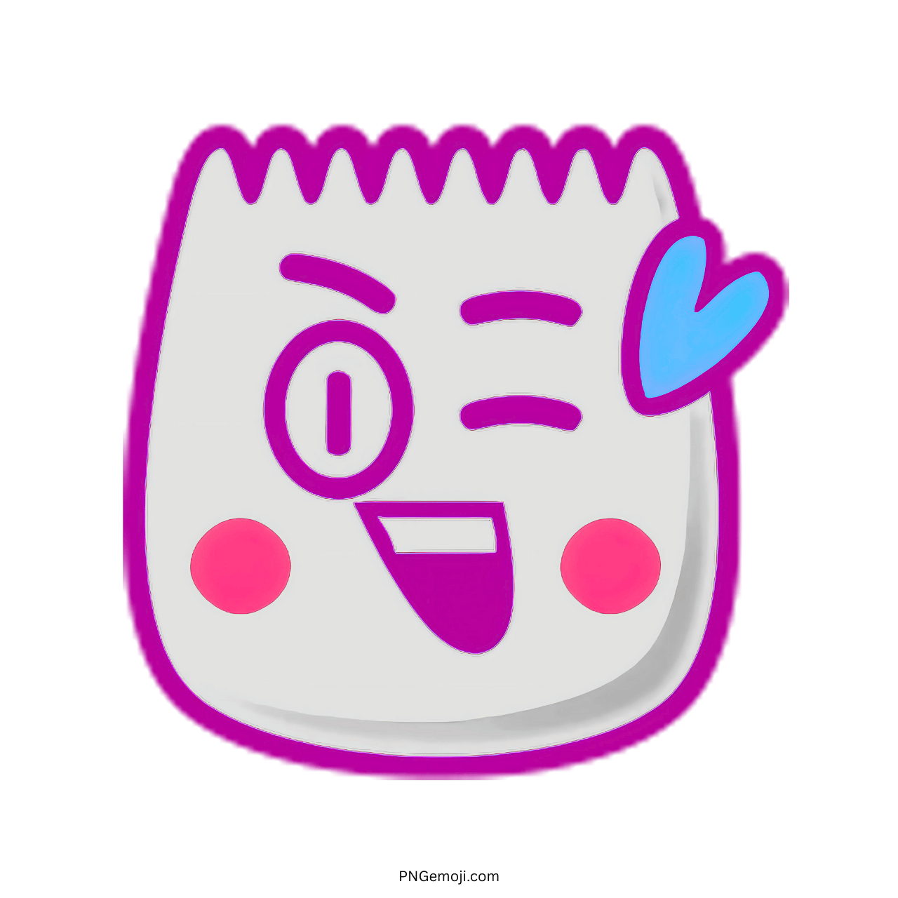 Winking Blink TikTok emoji with heart-shaped blue detail and purple outline, joyful expression.