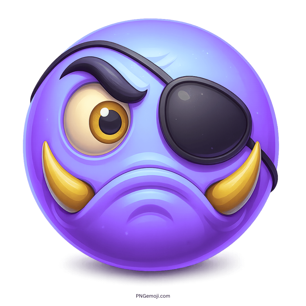 Purple monster emoji with eye patch and tusks angry pirate face