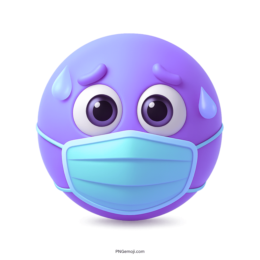 Purple sick emoji wearing medical mask with sweat drops showing illness or stress