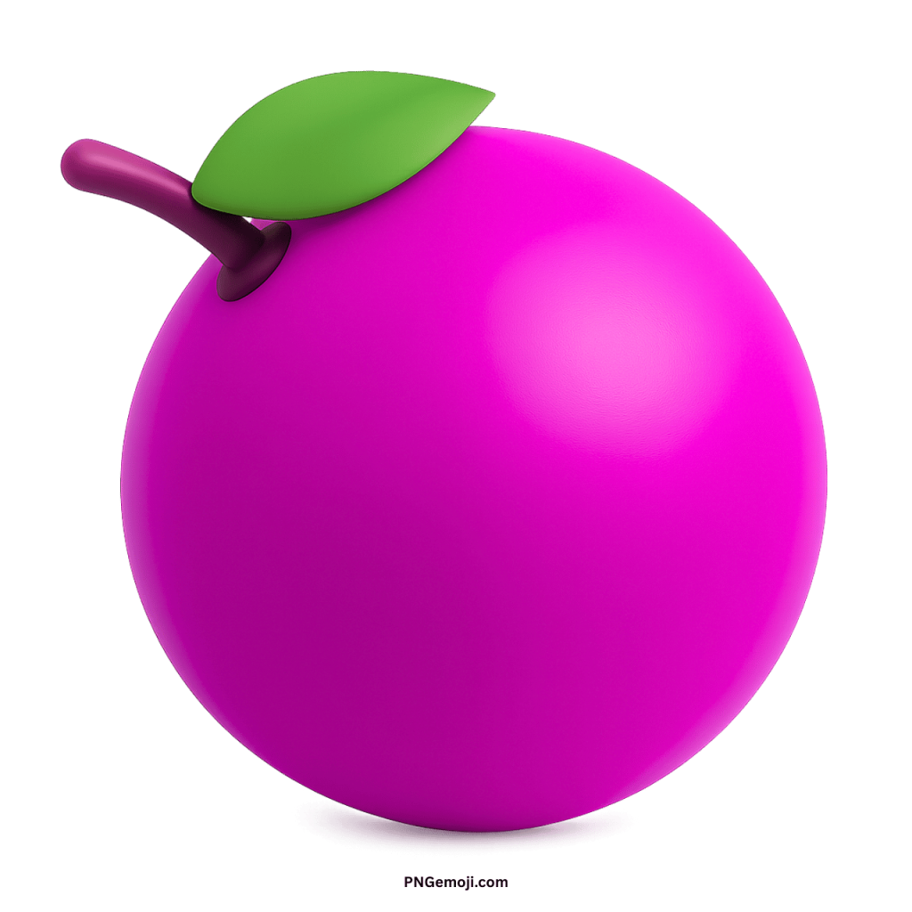 Glossy purple tangerine emoji with green leaf and stem in 3D design