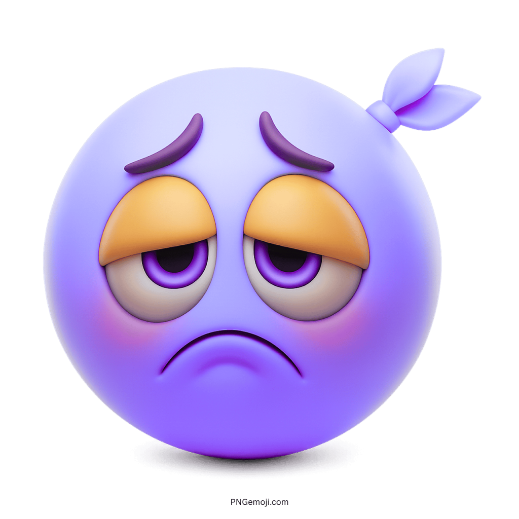 Light purple sad emoji with droopy tired eyes and exhausted face