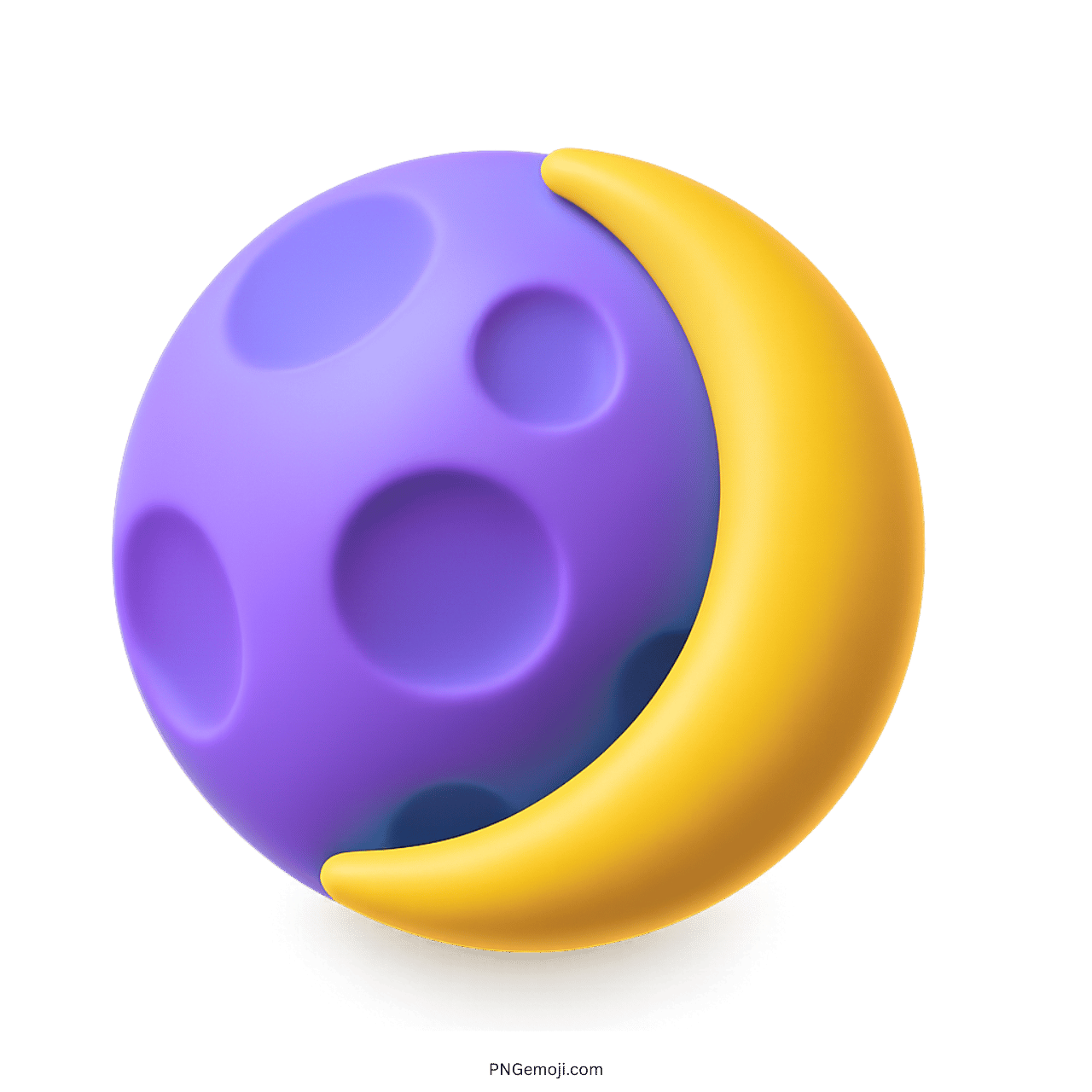 3D purple waxing crescent moon emoji with cratered sphere and soft yellow crescent