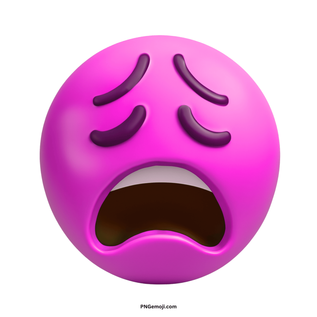 Purple weary emoji face showing exhaustion, frustration, tiredness, and emotional stress expression