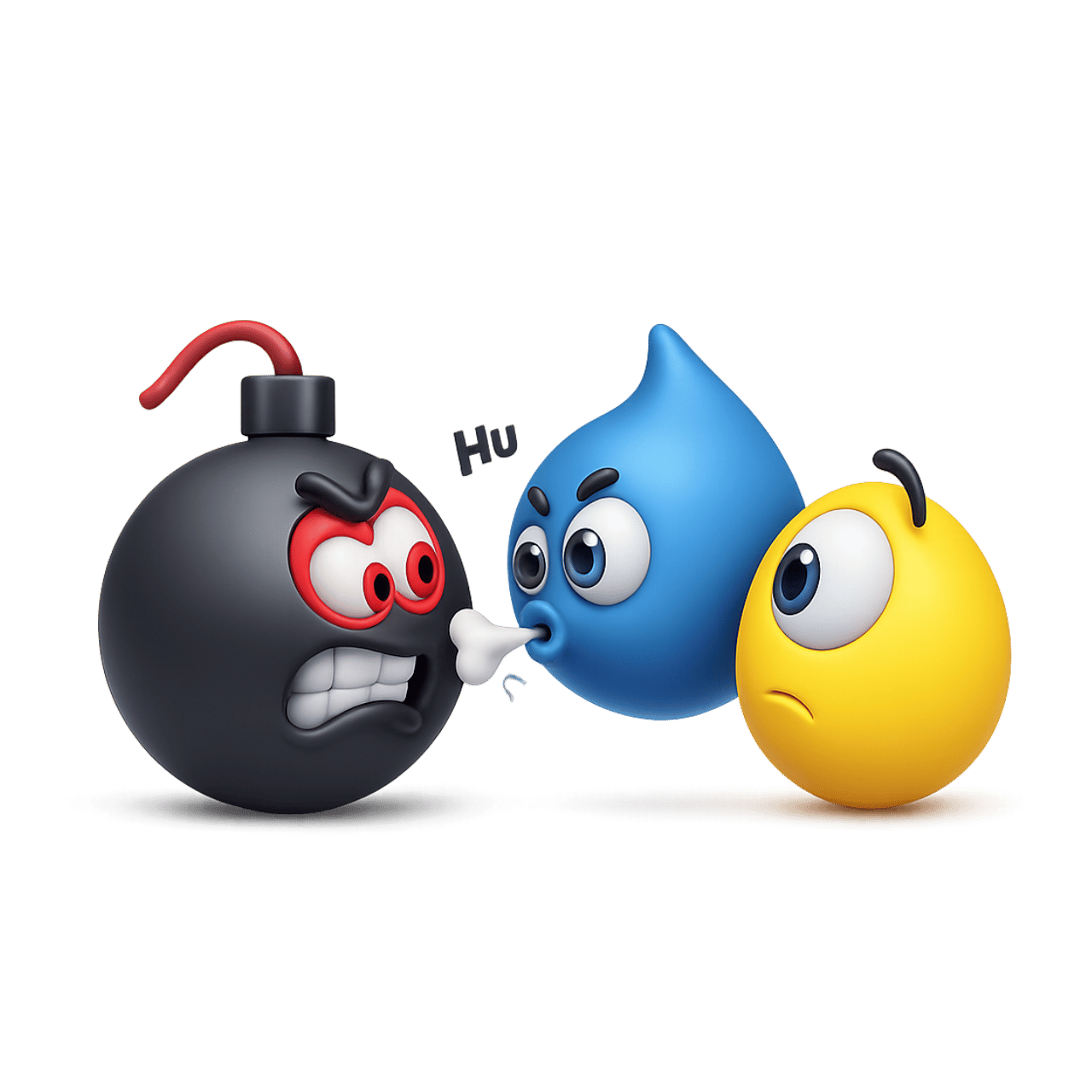 Blue water drop emoji blowing to cool angry bomb fuse with yellow emoji reaction