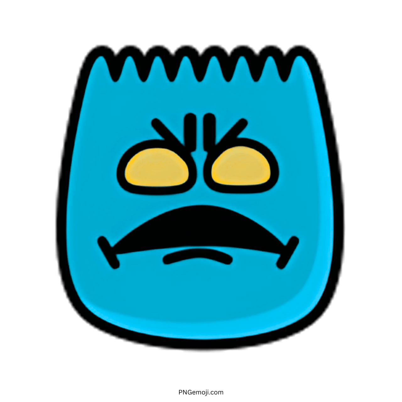 Angry blue face emoji with yellow eyes and a mustache