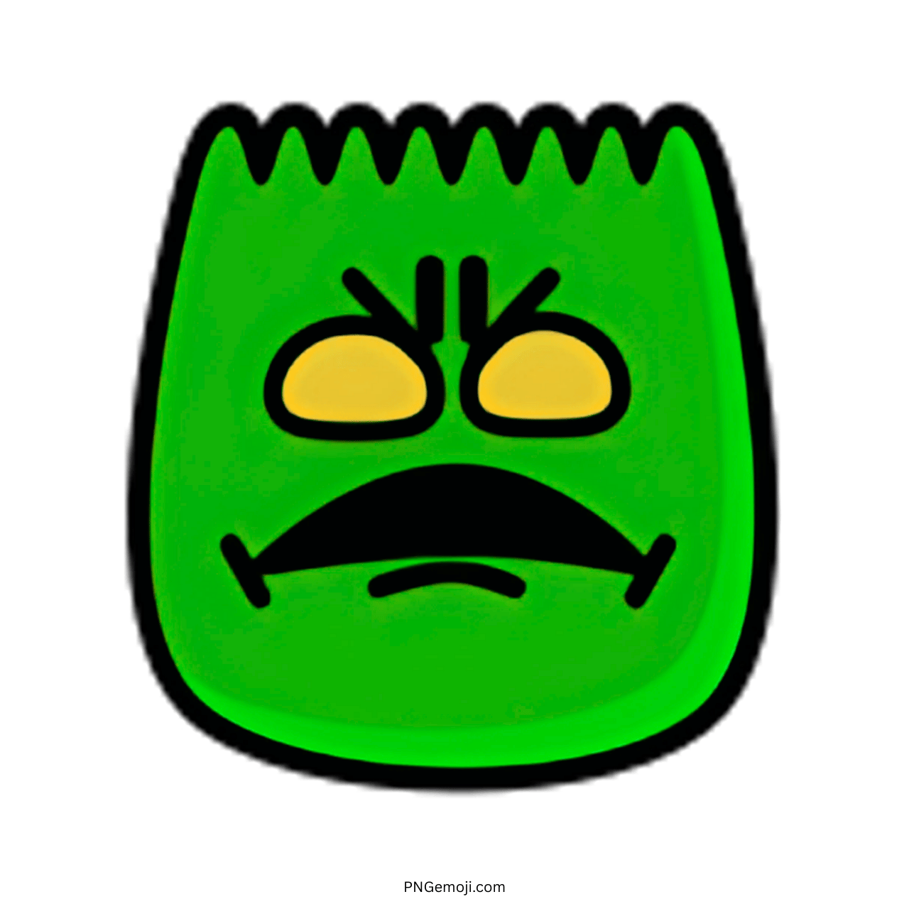 Angry green face emoji with yellow eyes and a mustache